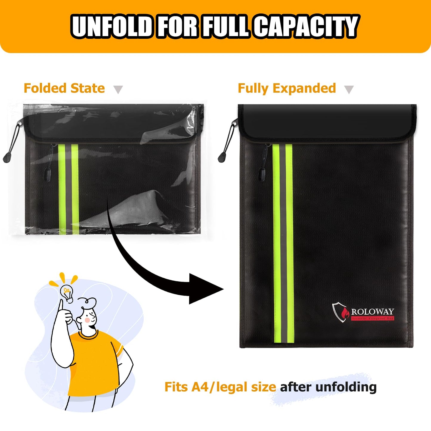 ROLOWAY Fireproof Envelope for Cash, Legal Documents Safe (15 x 11 inch) with 2 Pockets & Waterproof Zipper, Black