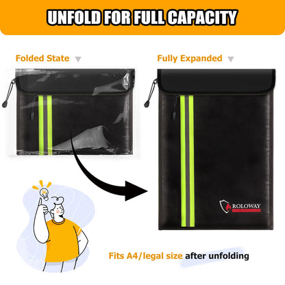ROLOWAY Fireproof Envelope for Cash, Legal Documents Safe (15 x 11 inch) with 2 Pockets & Waterproof Zipper, Black