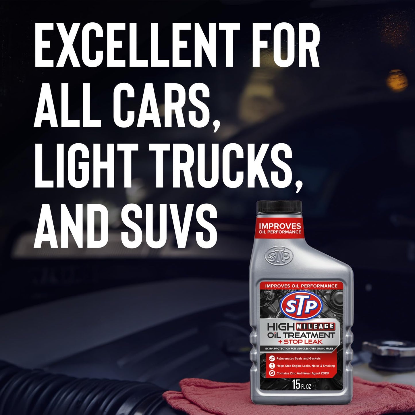 STP High Mileage Oil Treatment + Stop Leak Engine Oil Additive, 15 fl oz, Contains ZDDP Anti-Wear Agent to Fight Friction, Rejuvenates Seals and Gaskets, Stops Leaks