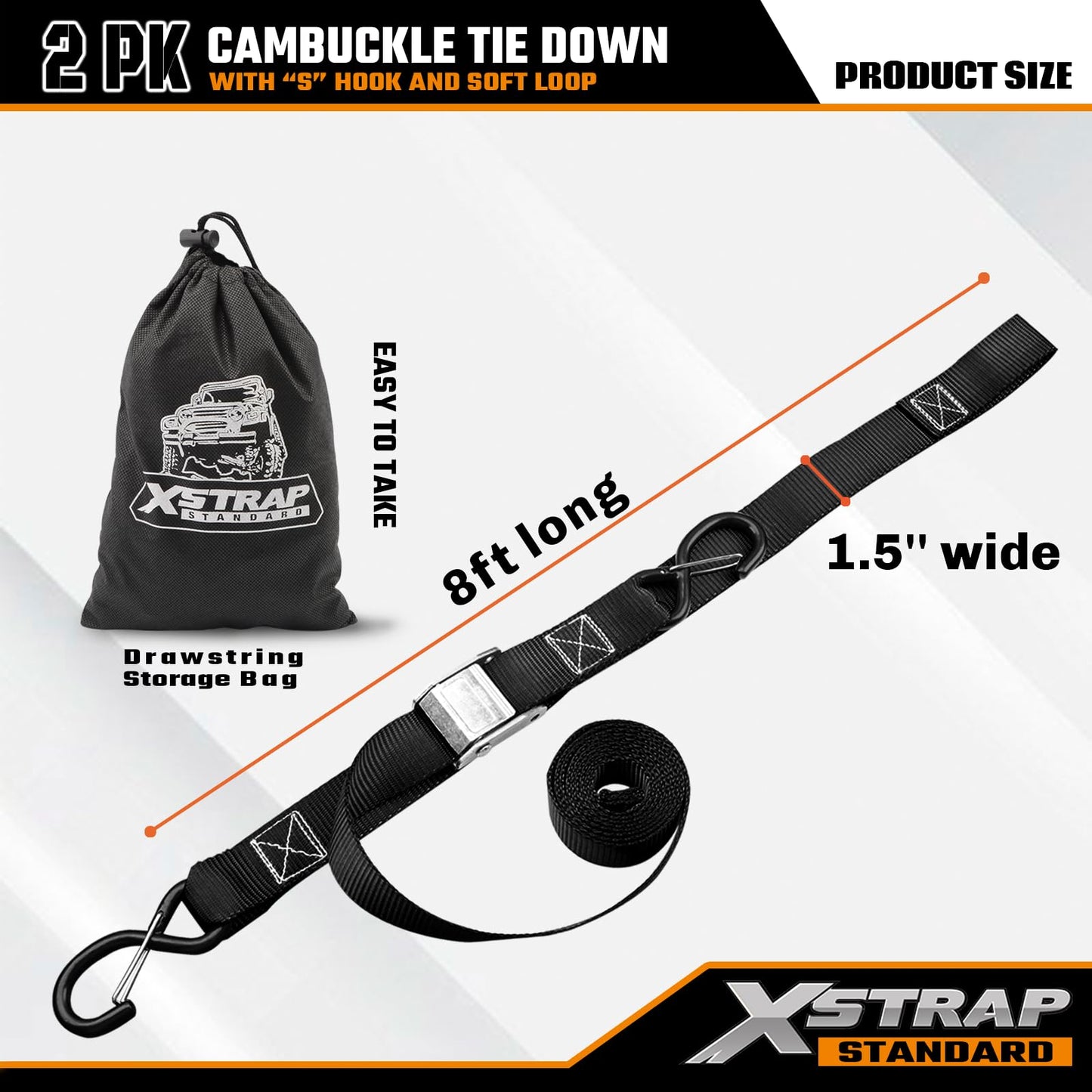XSTRAP STANDARD Motorcycle Tie Down Straps (2 Pack) 3,000lb Break Strength, 1.5 in X 8FT Heavy-Duty Cambuckle Tie Down Set with S Hook and Soft Loops, Black