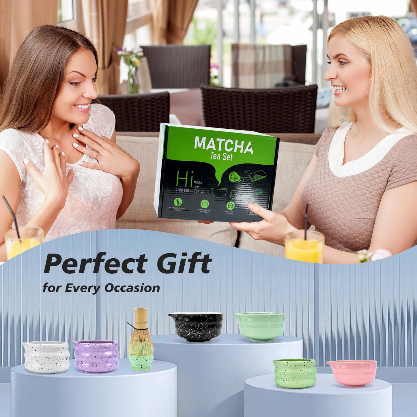 SOOCVWOLF 7 Pcs Matcha Whisk Set, Ceramic Matcha Kit for Tea Ceremony, Matcha Whisk and Bowl, Matcha Tea Set for Making Latte Drinks, Gift for Matcha Lover and Starters(Spotty Black)