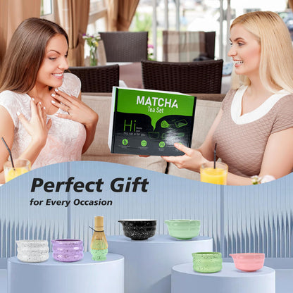 SOOCVWOLF 7 Pcs Matcha Whisk Set, Ceramic Matcha Kit for Tea Ceremony, Matcha Whisk and Bowl, Matcha Tea Set for Making Latte Drinks, Gift for Matcha Lover and Starters(Spotty Black)
