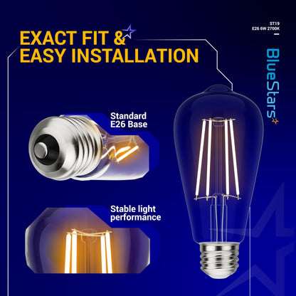 BlueStars Vintage ST58 ST19 LED Filament E26 Medium Base Edison Light Bulbs, 120V 60W Equivalent, 2700K Warm White 650 lumens for Ceiling Fixture, Chandelier and Pendant, 6-Pack