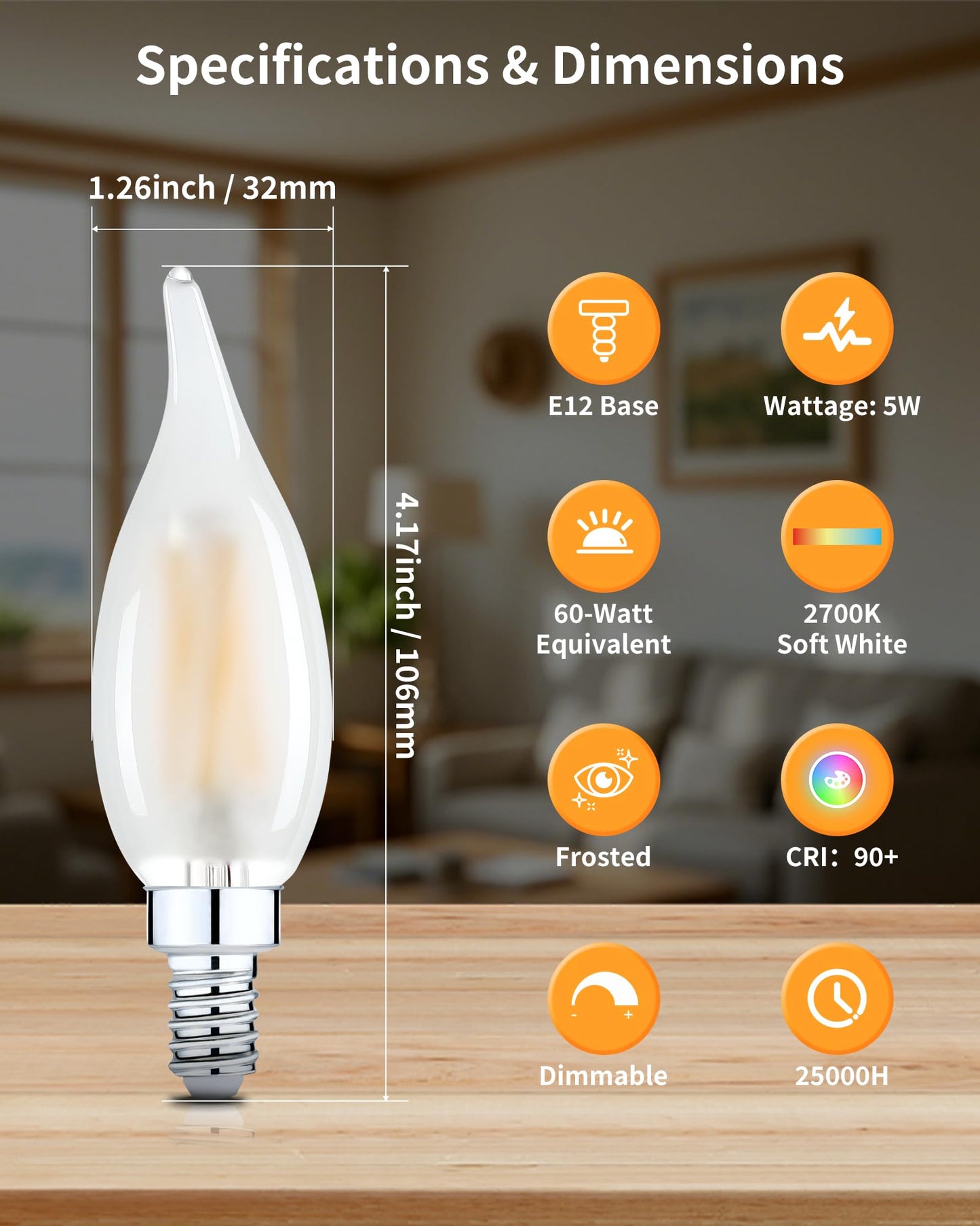 Frosted E12 LED Bulb 60w Equivalent Dimmable, Chandelier Light Bulbs 2700K Soft White, Candelabra Candle C32 CA10 60 Watt Replacement Lightbulb Small Base, 90+CRI 120V, 6 Pack