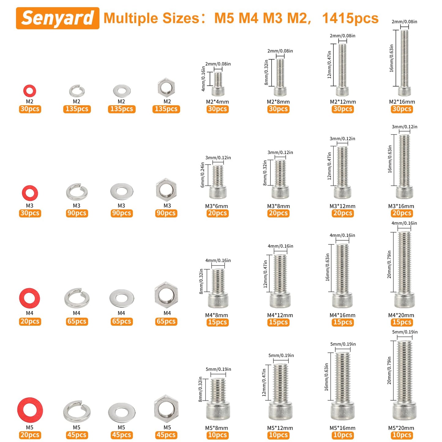 1415pcs M2 M3 M4 M5 Nuts and Bolts, 304 Stainless Steel Metric Bolt Assortment (Lock & Flat Washers),Metric Screw Assortment, Socket Head Cap Screws, Metric Bolts and Nuts Assortment Kit