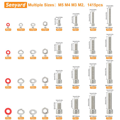 1415pcs M2 M3 M4 M5 Nuts and Bolts, 304 Stainless Steel Metric Bolt Assortment (Lock & Flat Washers),Metric Screw Assortment, Socket Head Cap Screws, Metric Bolts and Nuts Assortment Kit