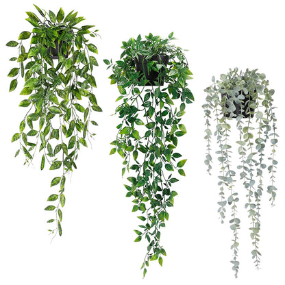 Artificial Hanging Plants 3Pcs Potted Greenery Decor - Grey Eucalyptus Mandala Snow Pea Vine in Pot Plants for Office Farmhouse Home Indoor Outdoor Decor(2 Greens+1 Greying White)