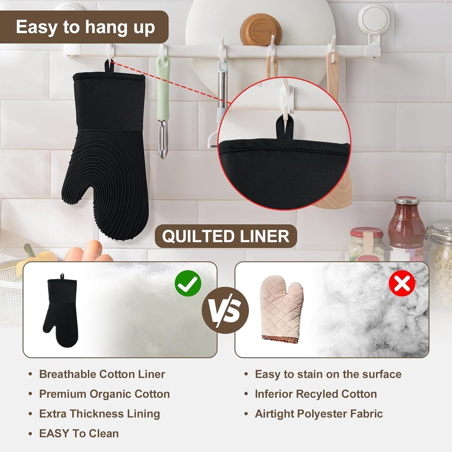 Tayfeim Silicone Oven Mitts 5pcs, Upgraded Pot Holders Set Heat Resistant 500F, Waterproof, Cotton Lined Oven Gloves BPA-Free, Oven Mits Set for Cooking Baking Kitchen Mittens Black