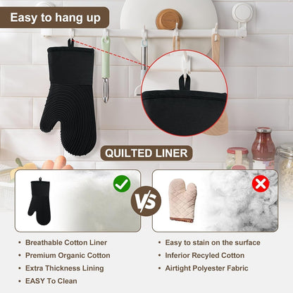 Tayfeim Silicone Oven Mitts 5pcs, Upgraded Pot Holders Set Heat Resistant 500F, Waterproof, Cotton Lined Oven Gloves BPA-Free, Oven Mits Set for Cooking Baking Kitchen Mittens Black