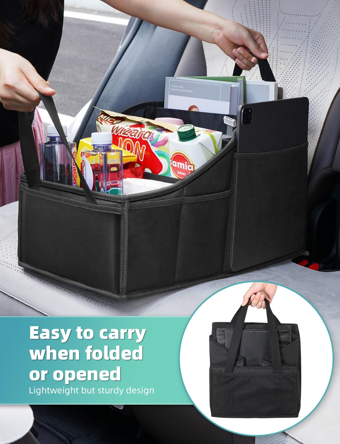 YOHOOLYO Car Seat Organizer for Front Back Seat Passenger Seat Organizer with Belt Car Organizer Between Backseat Collapsible Car Seat Storage Organizer with 4 Cup Holders Kids Adults Black