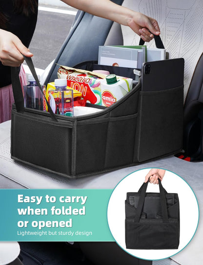 YOHOOLYO Car Seat Organizer for Front Back Seat Passenger Seat Organizer with Belt Car Organizer Between Backseat Collapsible Car Seat Storage Organizer with 4 Cup Holders Kids Adults Black