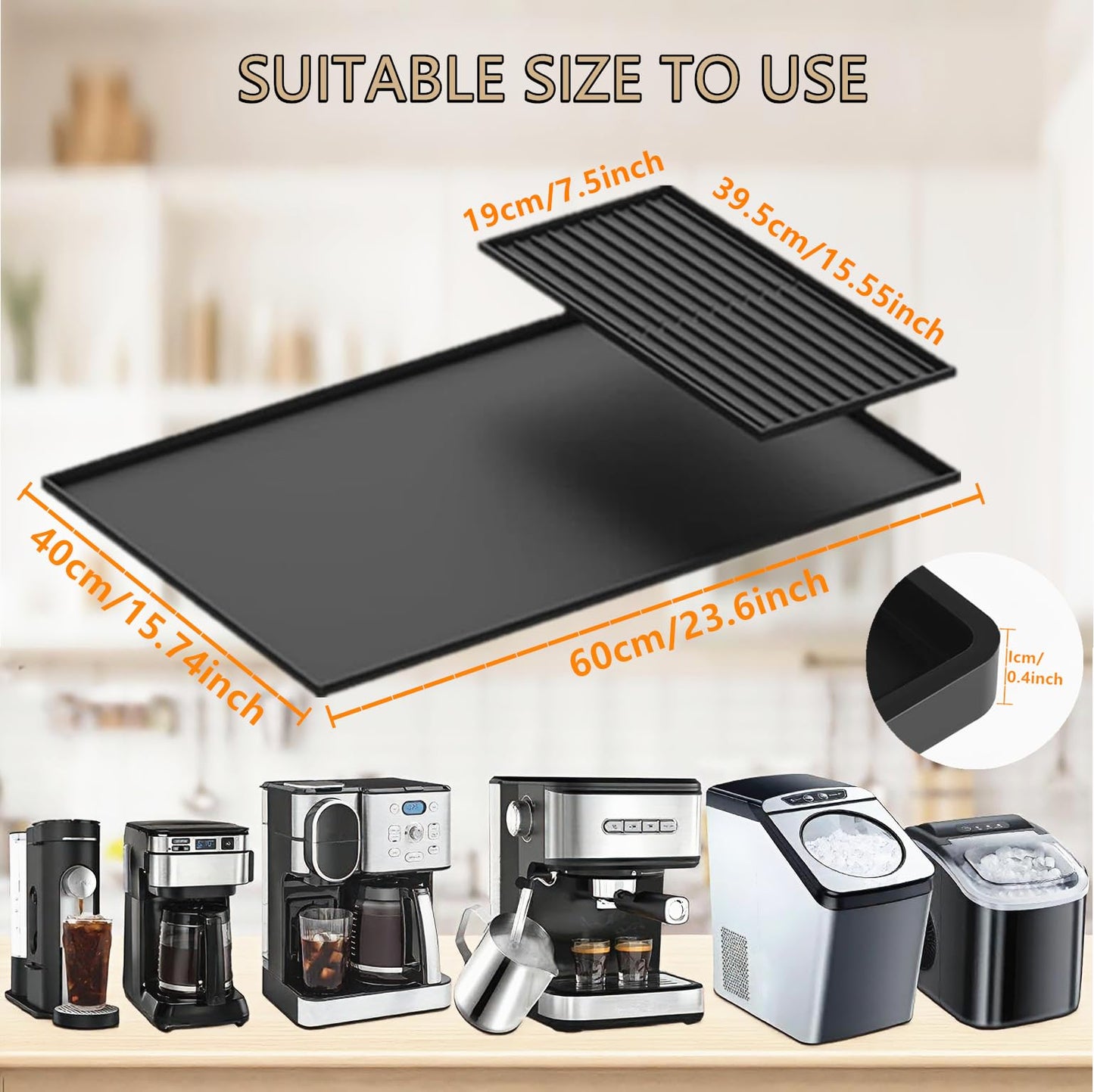 Coffee Maker Mat, Silicone Coffee Mat, 24"x16" Coffee Bar Mat with Detachable Dish Drying Mat, Spill-Proof, Heat-Resistant, Non-Slip, fits Under Coffee Maker & Dish Rack (Black, 24"x16")