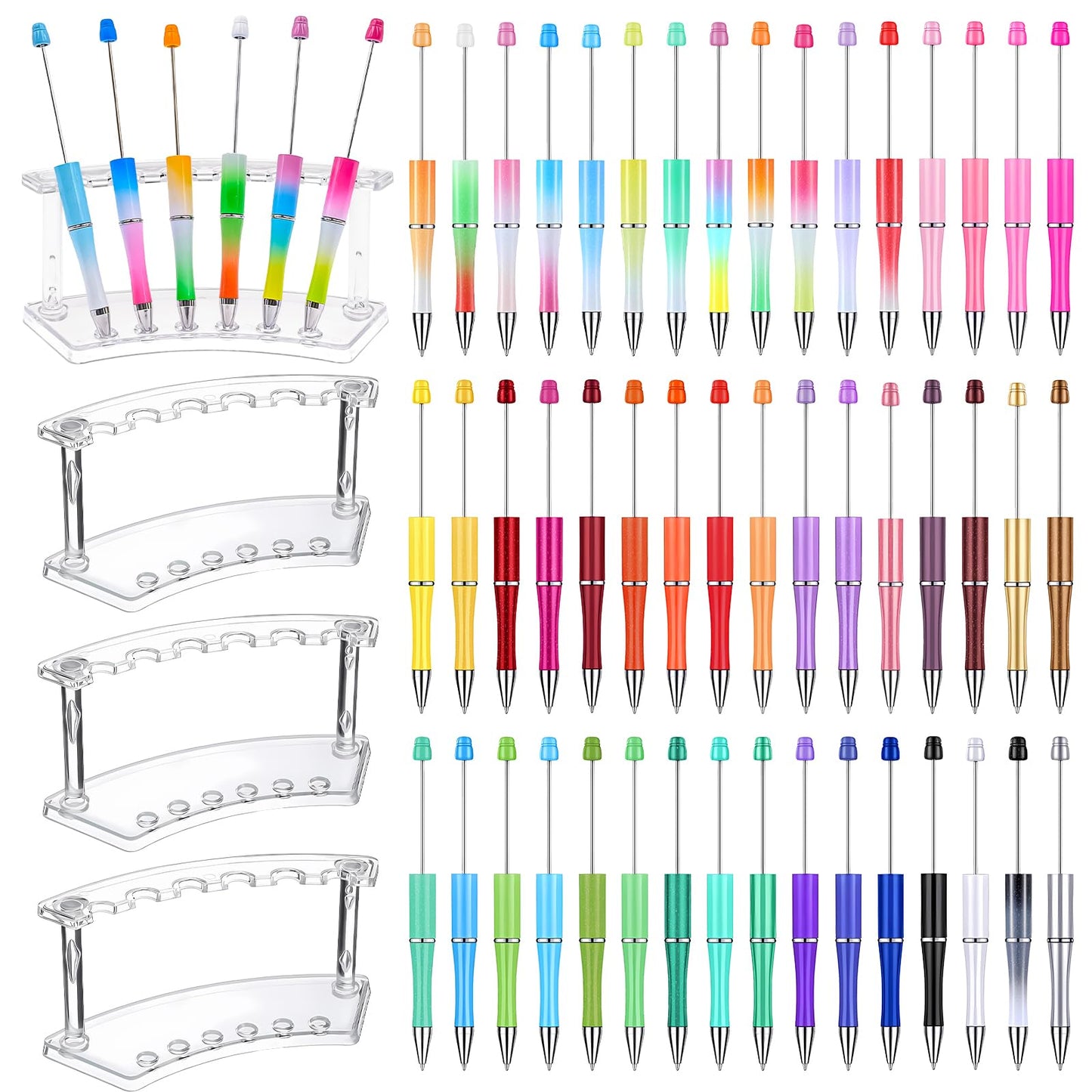 52 Pcs Beadable Pens Set, Plastic Beadable Pens Bulk with 4 Pcs Clear Pen Display Stand, Black Ink Ballpoint Pen Crafting DIY Making Kit for School Office Party Gifts