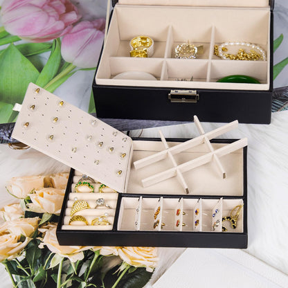 SYCARON Jewelry Organizer Box for Women and Girls, 2 Layer Jewelry Storage Case PU Leather Soft Lining with Lock for Rings Earrings Necklace Bracelets, Gift for Women, Black
