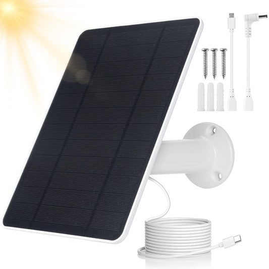 USB Solar Panel for Ring Camera - Type-C Solar Panel Charger 5v 6w with 10ft Waterproof Charging Cable, Micro-USB & USB-C & Barrel Port, IP66 Weatherproof,Includes Secure Wall Mount