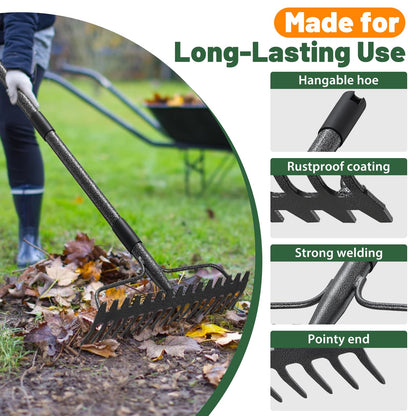 Rake for Lawn, 63" Long Handle, 17 Inch Wide Heavy Duty Garden Rake Thatch Leaf Rakes for Raking Leaf Loosening Soil Gathering Mulch Leveling Rocks, Rustproof Metal Bow Rakes for Leaves Grass