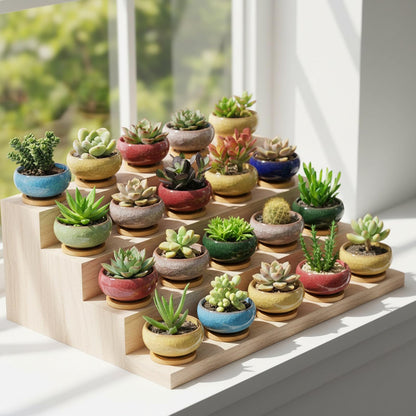 TOPZEA 16 Pack Mini Ceramic Succulent Planter Pot, 2.5 Inch Ice Crack Cactus Seed Starter Pots Micro Landscape Planter with Drainage Hole & Bamboo Tray for Moss Plant, Baby Succulent, Herb