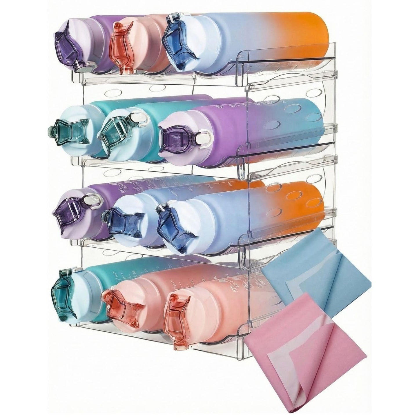 Water Bottle Organizer for Fridge –Versatile Stackable Water Bottle Holder & Storage Rack for Pantry, Cabinet, Counter or Water Bottle Organizer for Kitchen & RV Includes Two Cleaning Towels