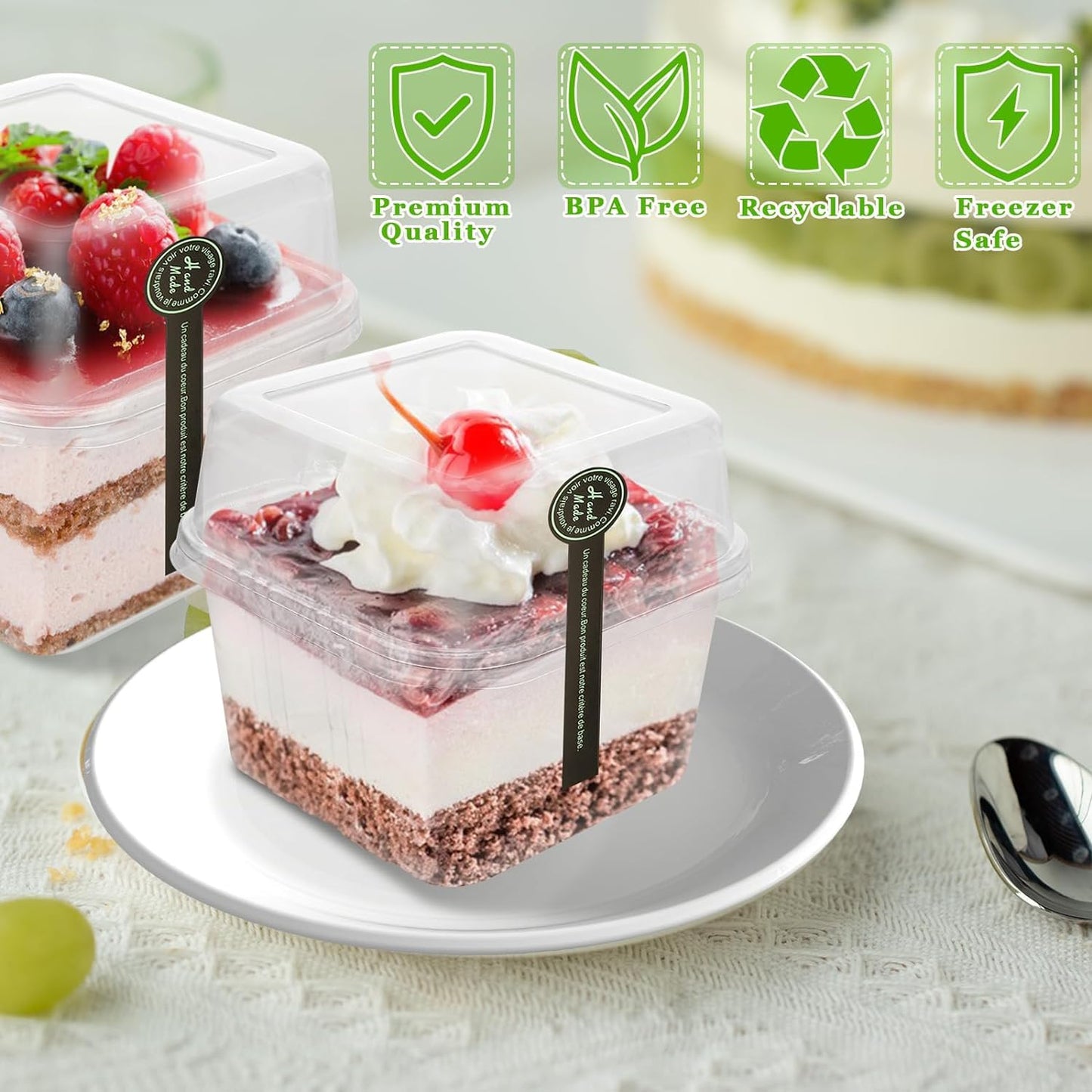 50Pack 8 oz Square Plastic Dessert Cups with Lids and Individually Wrapped Spoons, Clear Disposable Plastic Yogurt Parfait Cups for Cupcake Mousse Yogurt Pudding Mousse Fruits (50Pack)