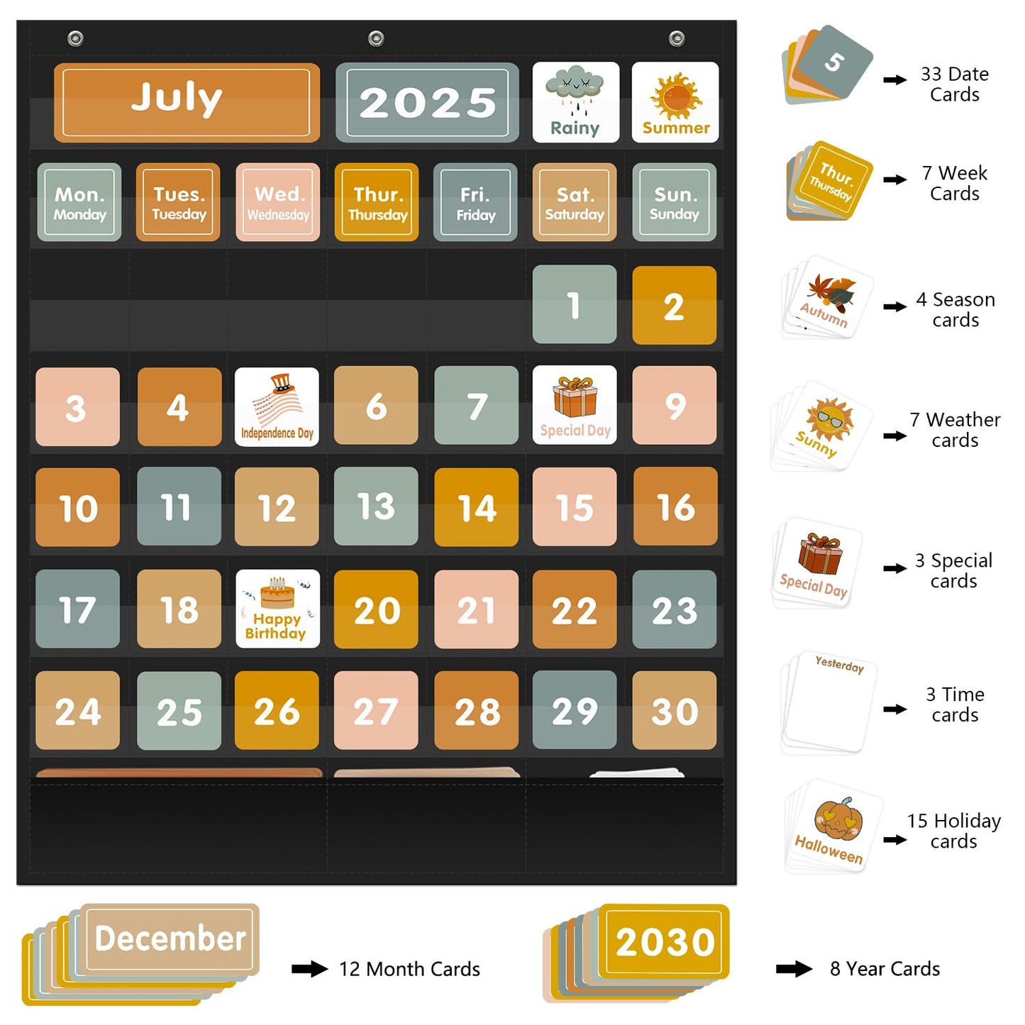 REGELETO Boho Calendar Pocket Chart with 92 Cards for Classroom,46 Pockets Black Monthly Calendar and Weather Pocket Chart for Students Learning Size: 28.75" H x 24" W inch for Home or Classroom