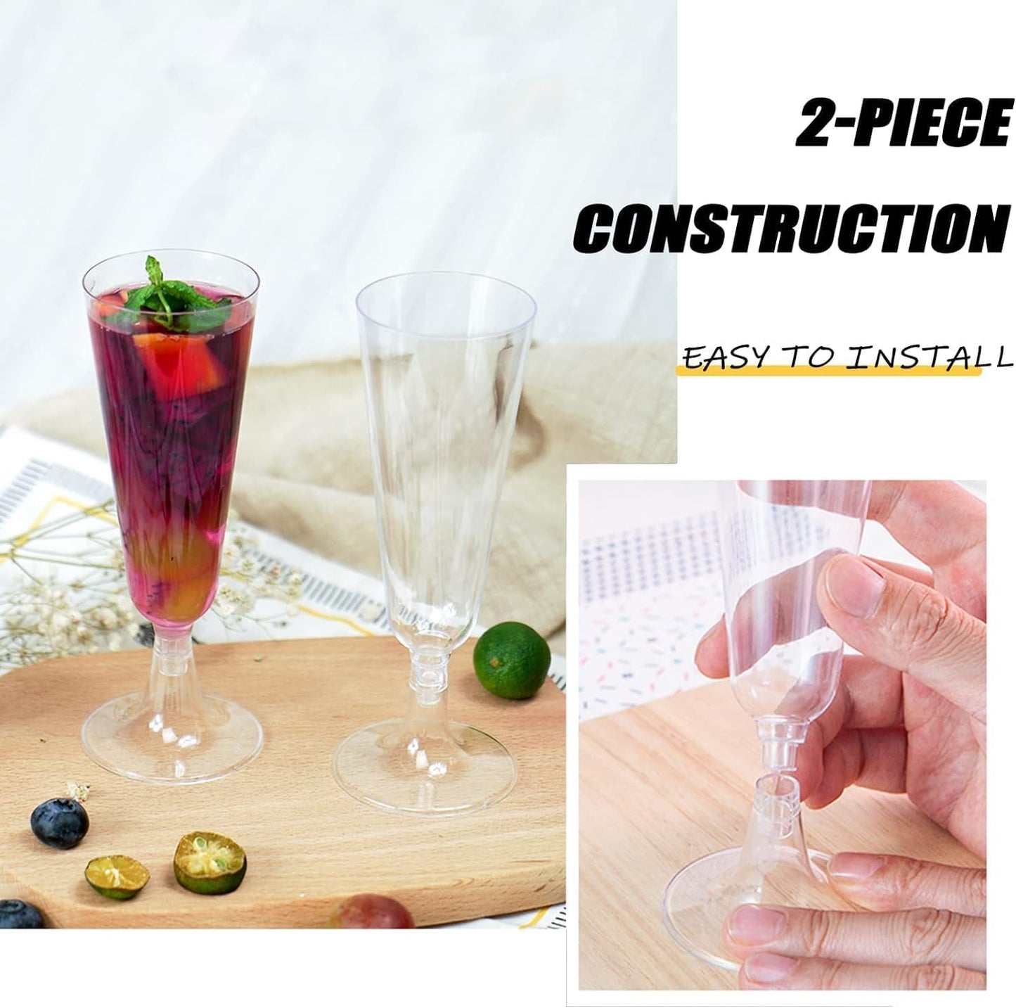 50 Pcs Plastic Champagne Flutes, Disposable Clear Champagne Glasses, 5oz Plastic Wine Glasses, Assemble Plastic Champagne Cups for Party Wedding Cocktail Cups (50 Pcs Clear)