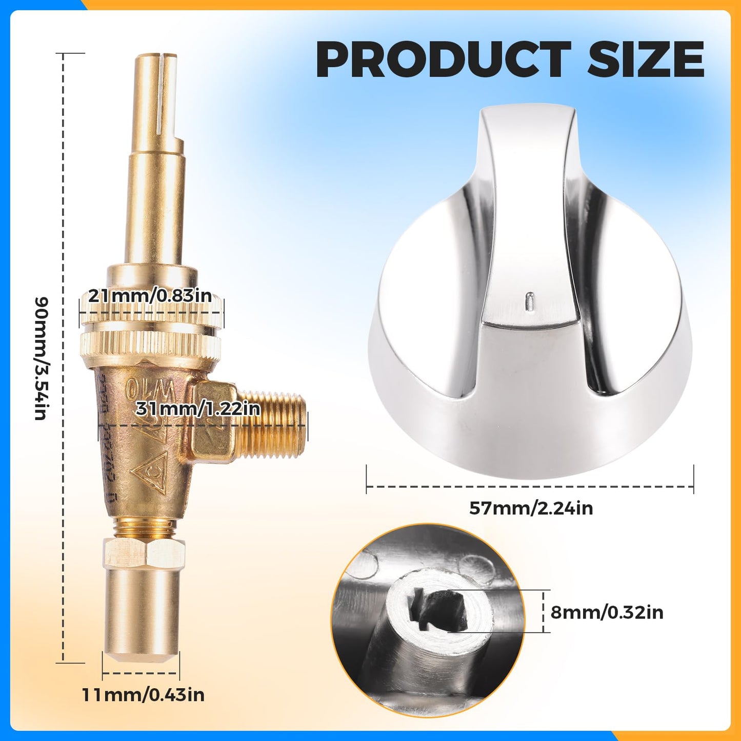 Propane Natural Brass Gas Control Valve 0.047" Orfice with Chromed Steel Control Knob for Hotel Commercial Kitchen Stem Length 1.4"