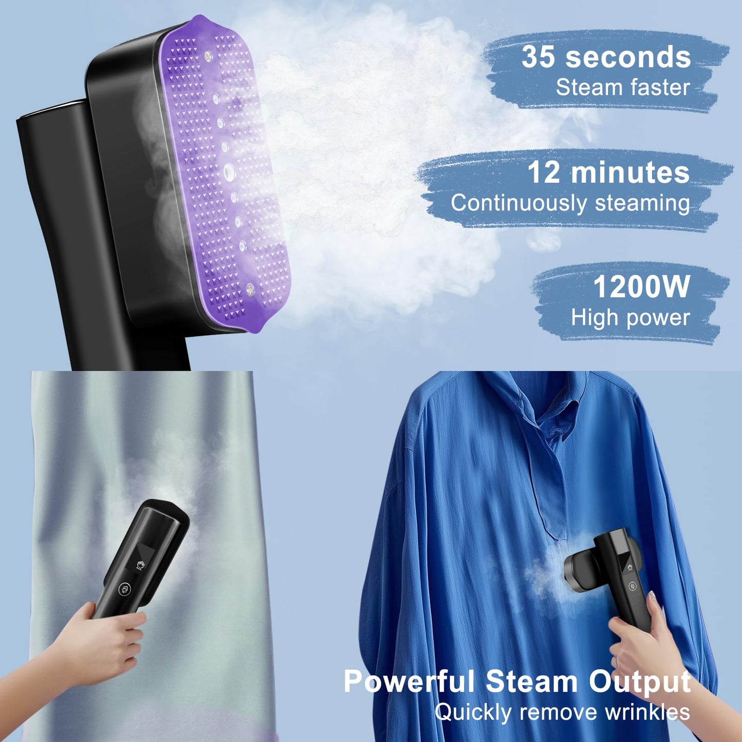 Travel Steamer for Clothes Handheld: 2-in-1 Portable Clothing Garment Steamer and Iron Fast Heat-up & 3 Levels of Steam Hand Held Mini Steamer for thick Fabric Only 1.3lbs for Travel ＆ Home (Black)