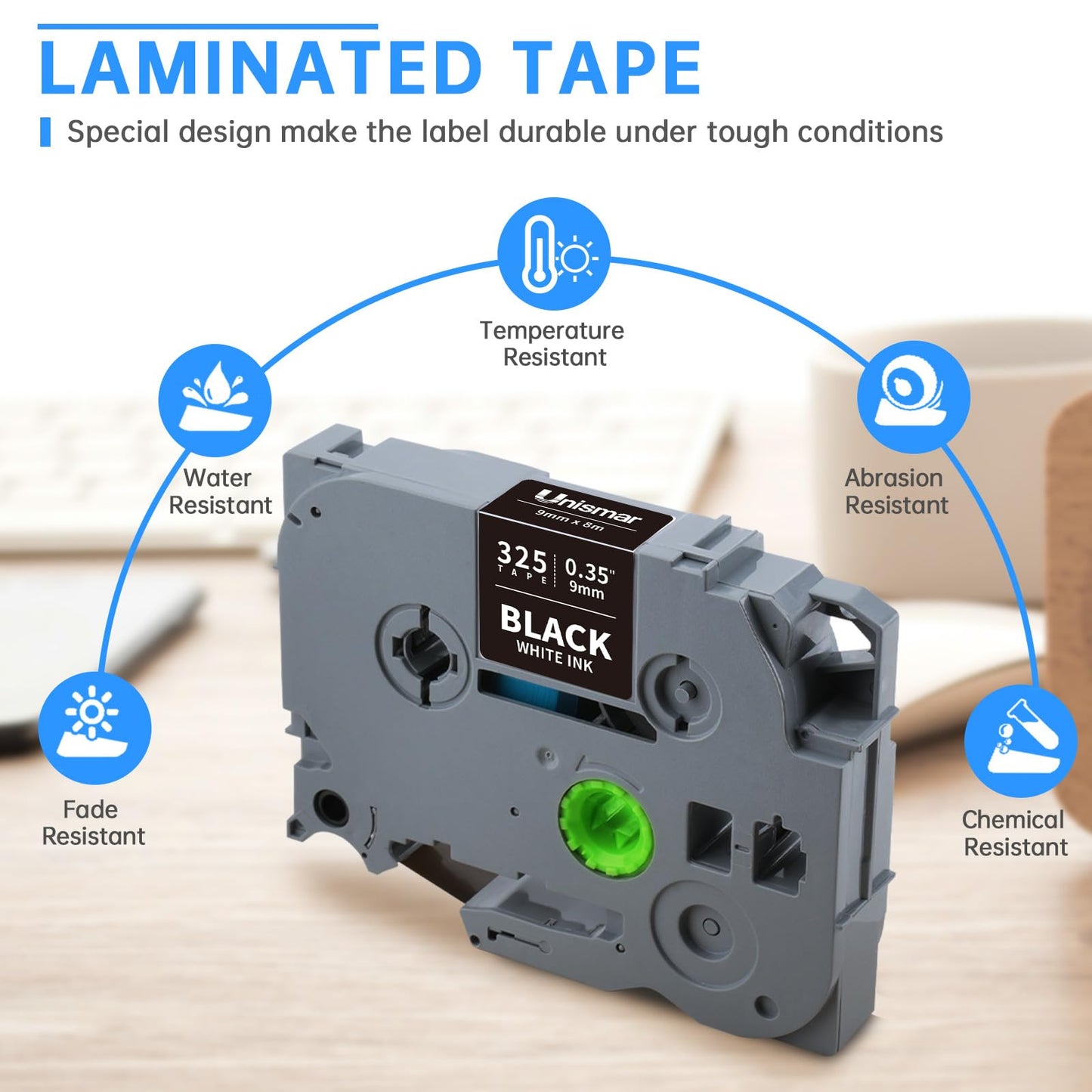 Unismar Compatible Label Tape Replacement for Brother TZe-325 TZe325 TZ325 for PT-D200 PT-D210 PT-D600 PT-D400 PT-H100 PT-H110 PT-1280 Label Maker, 3/8 inch x 26.2 feet, White on Black, 5-Pack