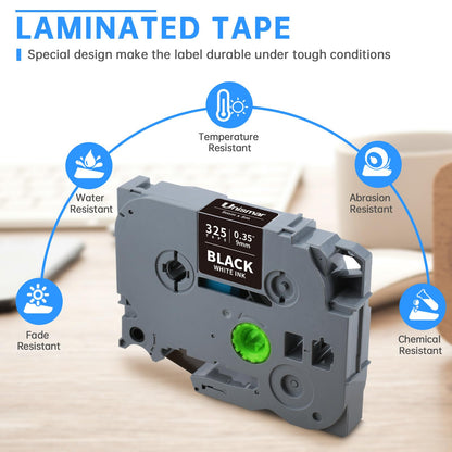 Unismar Compatible Label Tape Replacement for Brother TZe-325 TZe325 TZ325 for PT-D200 PT-D210 PT-D600 PT-D400 PT-H100 PT-H110 PT-1280 Label Maker, 3/8 inch x 26.2 feet, White on Black, 5-Pack