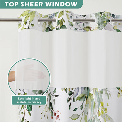 Shellspace No Hook 3 in 1 Shower Curtain with Snap in Liner, Green Leaves Flower Shower Curtain Set with See Through Top Window, Machine Washable Waterproof Polyester Fabric Bath Curtain, 71 x 74 in