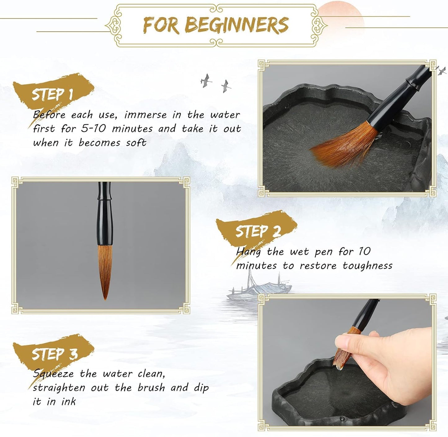 Corciosy Shanlian Hubi Writing Brush Watercolor Chinese Calligraphy Brush Set Kanji Japanese Sumi Painting Drawing Brushes 10 piece/set+Roll-up Bamboo Brush Holder