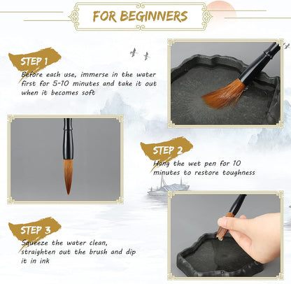 Corciosy Shanlian Hubi Writing Brush Watercolor Chinese Calligraphy Brush Set Kanji Japanese Sumi Painting Drawing Brushes 10 piece/set+Roll-up Bamboo Brush Holder