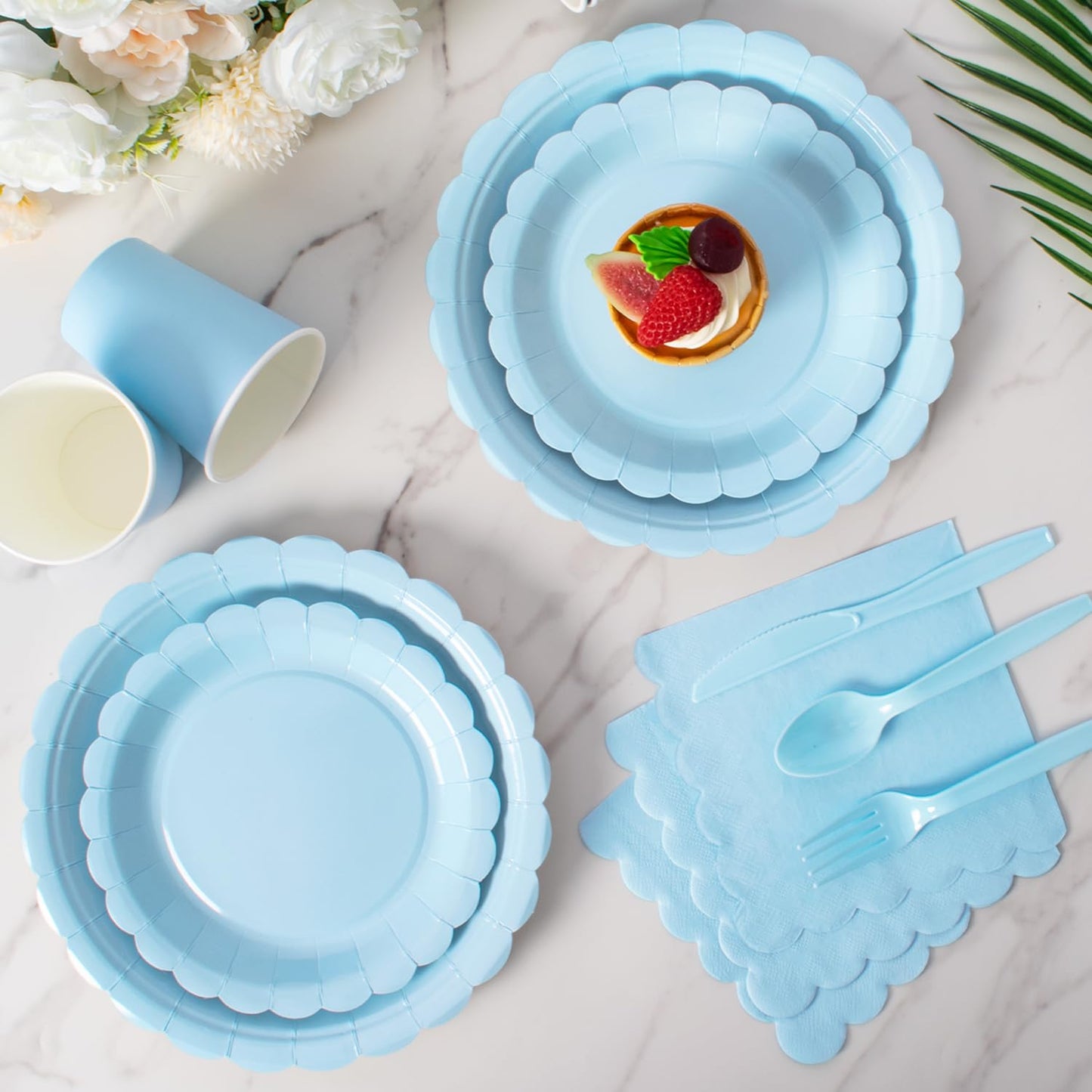 Vyntra 175 PCS Disposable Paper Plates & Napkins Set, Light Blue Party Dinnerware – Baby Shower, Birthday, Gender Reveal