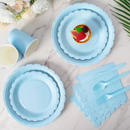 Vyntra 175 PCS Disposable Paper Plates & Napkins Set, Light Blue Party Dinnerware – Baby Shower, Birthday, Gender Reveal