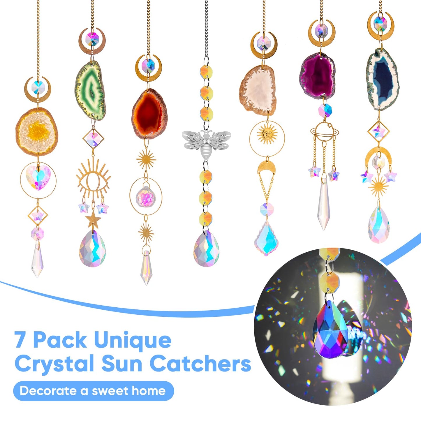 7 PCS Crystal Suncatcher, Hanging Suncatchers with Crystals Light, Sun Catchers Indoor Window Catcher with Prism Pendants Agate Slices,Tree of Life Crystal Suncatchers Indoor Outdoor Home Garden Decor