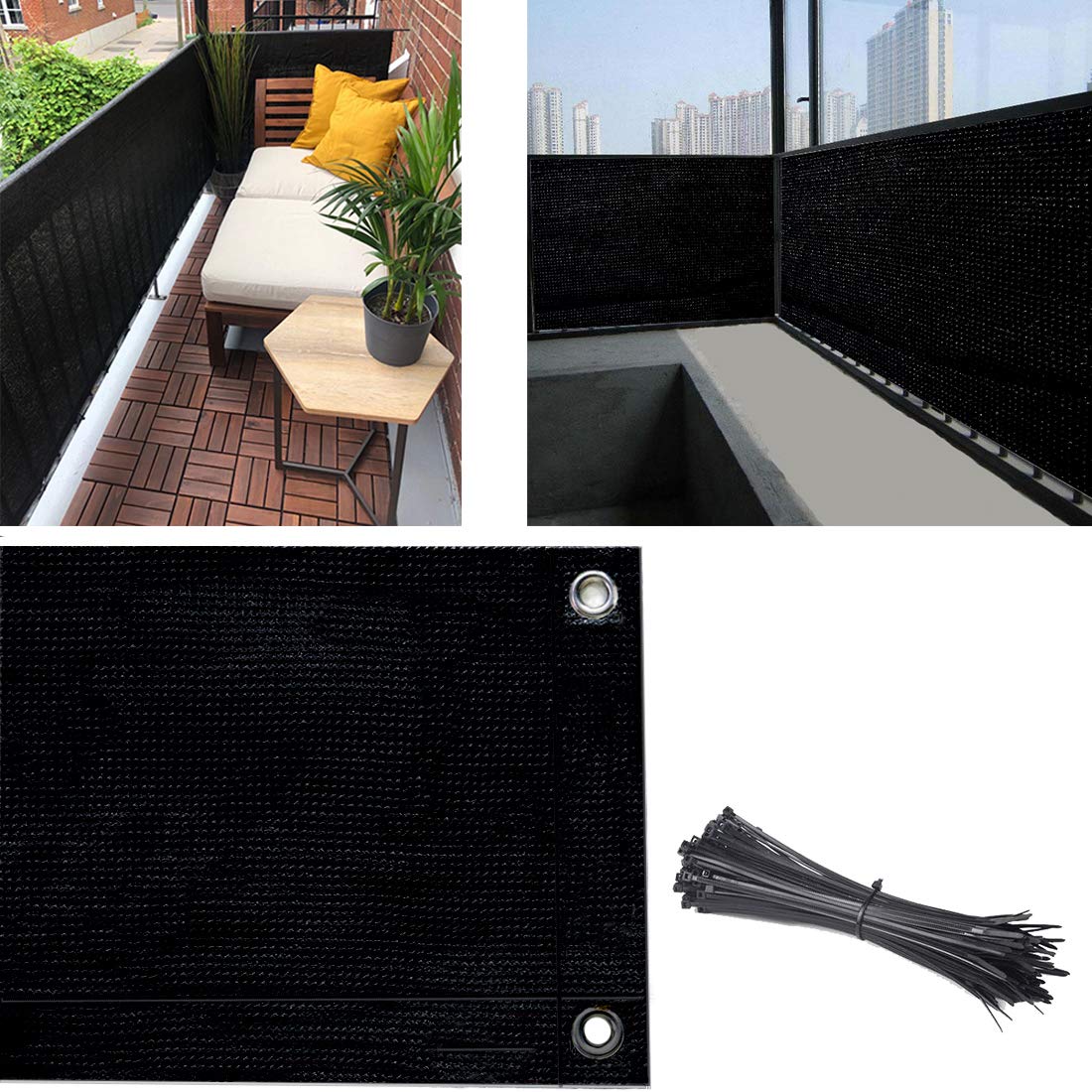 Balcony Privacy Screen, 3.5ft x16.5ft Deck Privacy Screen UV-Resistant Visibility Reduction Windscreen Balcony Screen for Balcony, Apartment, Backyard, Patio, Porch, Garden-Include Cable Ties (Black)