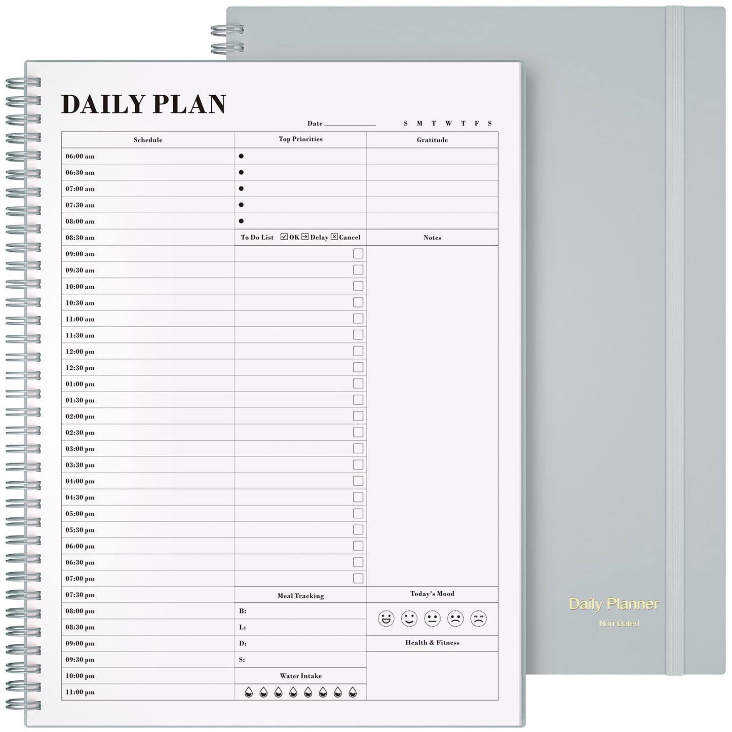Planner Undated, Asten Daily Planner Agenda with to Do List, Hourly Schedules for Women and Men, Spiral Appointment Book with Elastic Closure, Inner Pocket 8.5" x 11" (Gray)