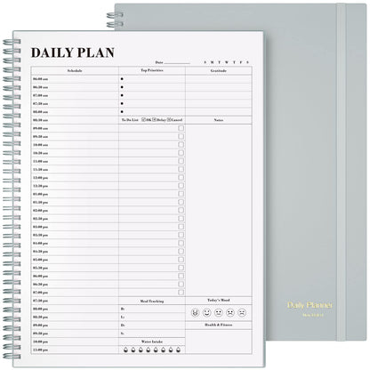 Planner Undated, Asten Daily Planner Agenda with to Do List, Hourly Schedules for Women and Men, Spiral Appointment Book with Elastic Closure, Inner Pocket 8.5" x 11" (Gray)