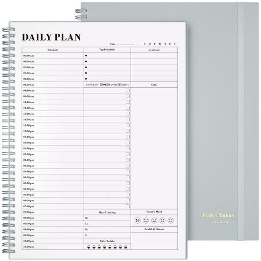 Planner Undated, Asten Daily Planner Agenda with to Do List, Hourly Schedules for Women and Men, Spiral Appointment Book with Elastic Closure, Inner Pocket 8.5" x 11" (Gray)