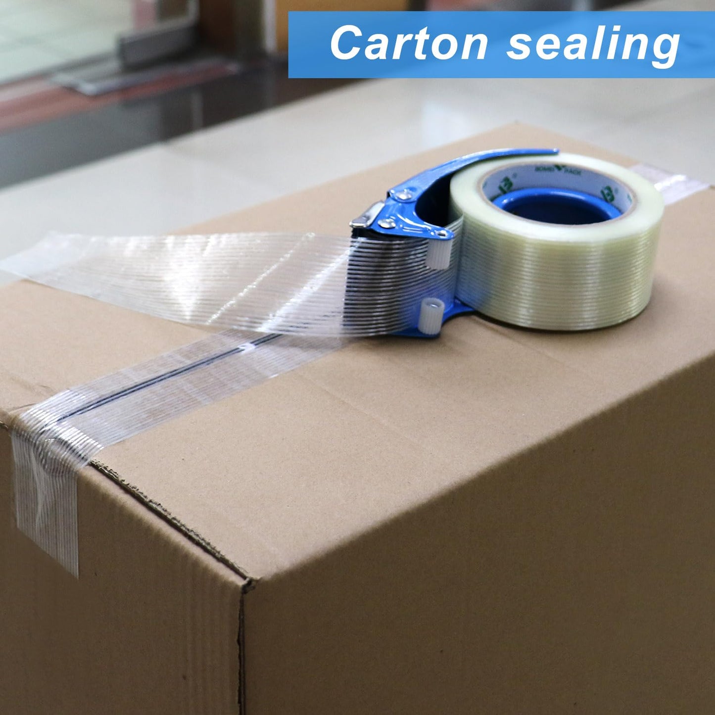 BOMEI PACK Strapping Tape 2Inch with Dispenser, Mono Fiberglass Reinforced Packing Tape with String for Shipping, 3Rolls x 5.5Mil x 35Yds, Total 105Yds