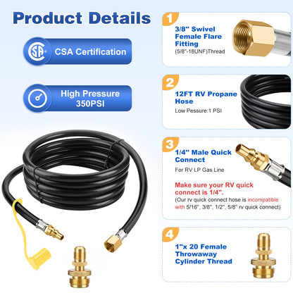 WADEO 12 FT Propane Quick Connect Hose for RV to Gas Grill, 1/4" Quick Connect Hose Converter Replacement for 1 LB Throwaway Bottle Connects 1 LB Portable Appliance to RV 1/4" Female Quick Disconnect