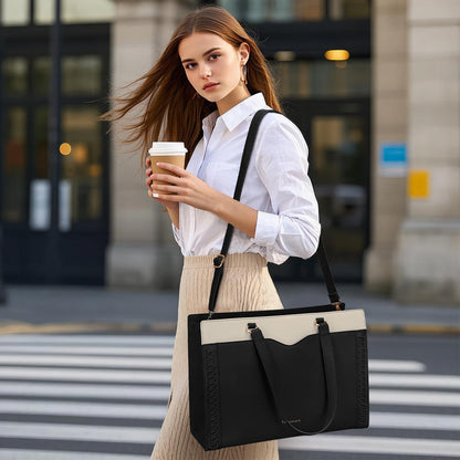RAINSMORE Laptop Bag for Women 15.6 Inch Work Tote Bag for Women with Detachable Strap & Bow Leather Professional Laptop Tote with Cup Holder, Office Business Briefcase Large Handbag，Black-White