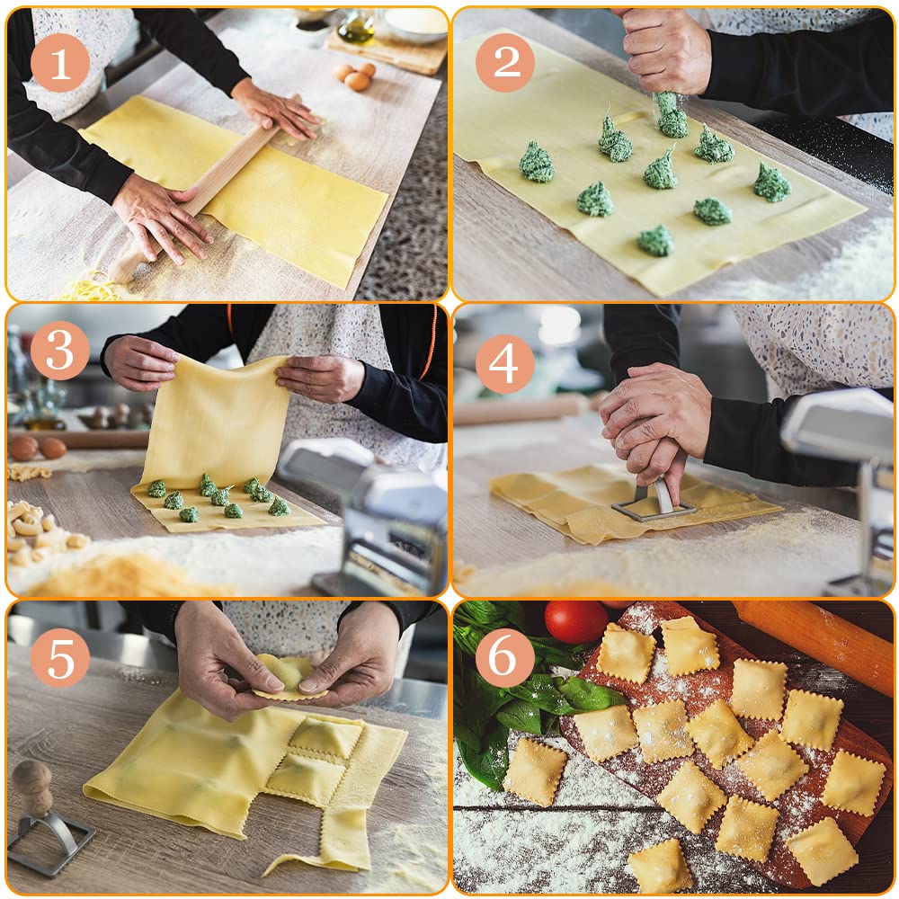 Ravioli Stamp Maker Pasta Cutter Set of 5, Ravioli Mold with Wooden Handle and Fluted Edges, Pasta Press Wheel Pasta Maker Tools for Making Dumplings, Pierogi (Silver+Wood)