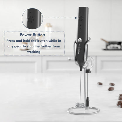 Rechargeable Milk Frother Wand with Stand, Foam Maker with Stainless Whisk, 3-Speeds Electric Handheld Drink Mixer for Coffee, Cappuccino, Latte, Matcha, Hot Chocolate (Black)