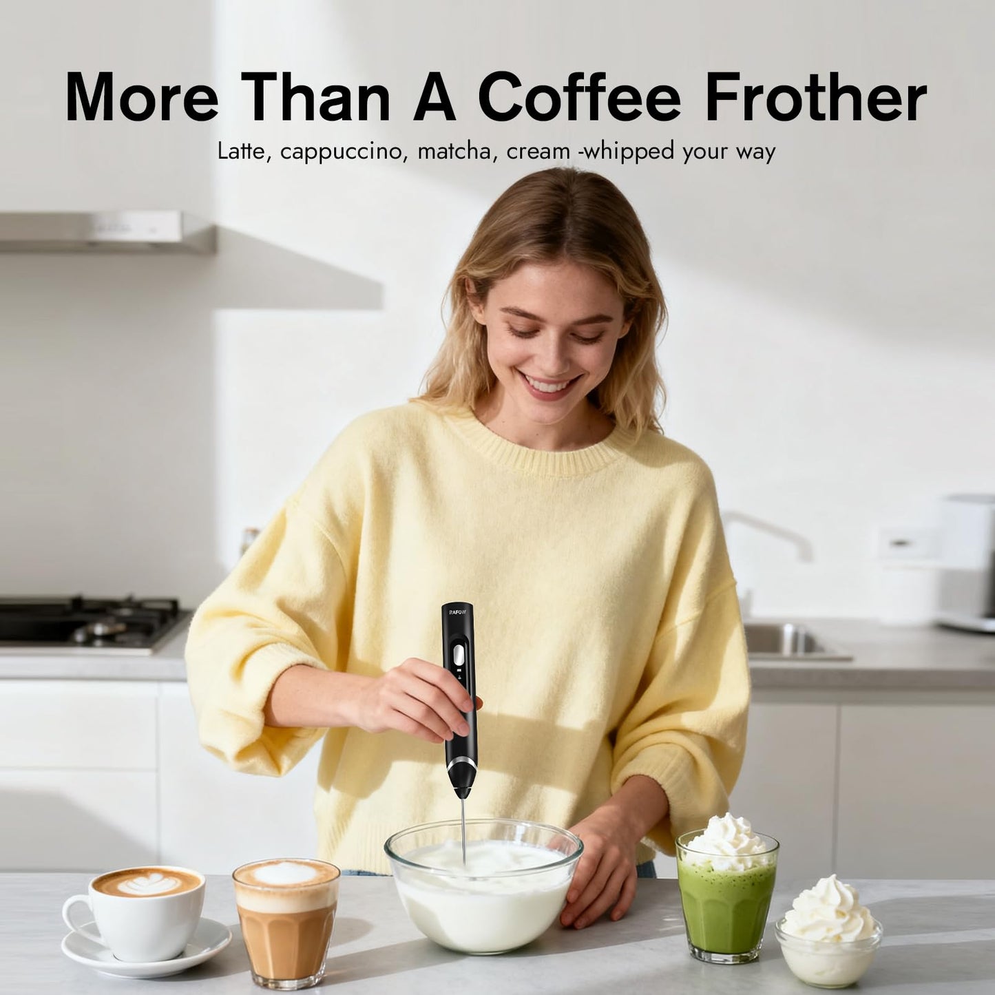 RAFOW Handheld Electric Milk Frother: 3 Speeds & Detachable Double Whisk Drink Mixer, Rechargeable Frother Wand with Stand, Coffee Froth Stirrer for Latte, Cappuccino, Cream, Matcha, Dalgona