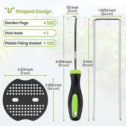 Velway 100 Weed Control Membrane Pegs + 100 Buffer Washer, 6"/150mm Weed Mat Pegs, Metal Garden Landscape Staples Artificial Grass Pins Ground Cover Mossing Fabric Artificial Barrier Pegs Assesories