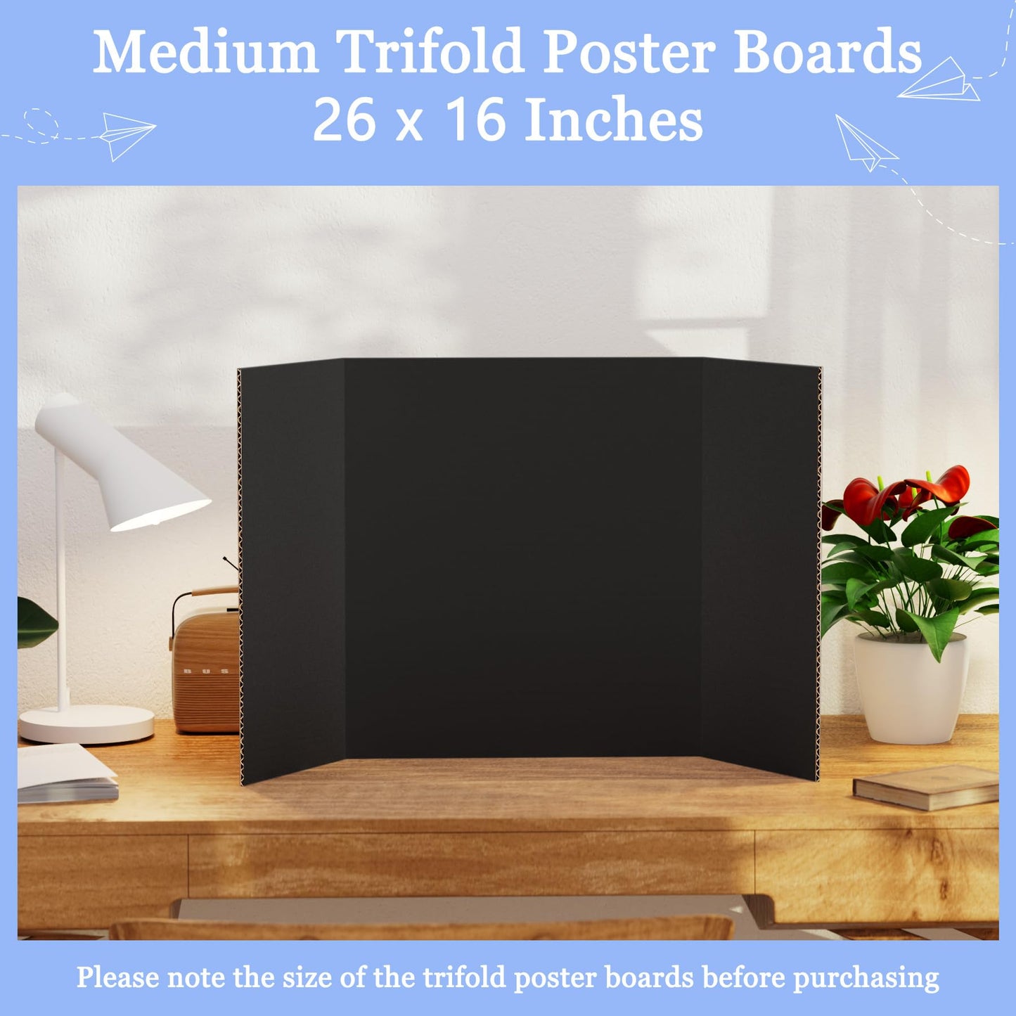 AKONEGE 6Pcs Medium Trifold Poster Board, 26" x 16" Black Corrugated Cardboard Tri Fold Poster Boards for School Projects, Presentations, Science Fair, Photo Display, Art Exhibition