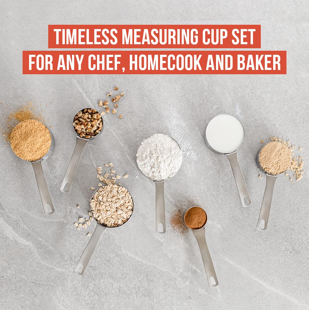 Chef Pomodoro Stainless Steel Measuring Cup Set, Nested and Stackable with 7 Pieces, Sturdy Extra-Long Handles with Lasered Markings and Sorting Ring, Metal Kitchen Spoons for Wet and Dry Ingredients