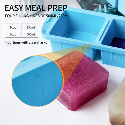 WENQING Silicone Freezer Tray with Lid 2 Pack Silicone Freezer Molds - Large Ice Cube Tray - Makes 4 Perfect 2 Cup Portions Soup Cubes Meal Prep Containers- Oven & Dishwasher Safe