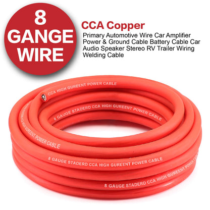 8 Gauge Wire (25ft Each - Red/Black) Copper Clad Aluminum CCA - Primary Automotive Wire,Car Amplifier Power & Ground Cable, 20PCS Lugs Terminal Connectors,20PCS 2:1 Heat Shrink Tubing